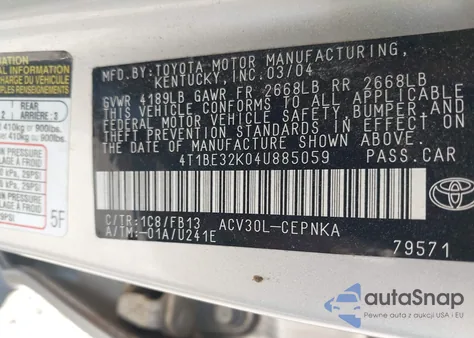 2004 Toyota Camry Le from USA, damaged, VIN 4T1BE32K04U885059